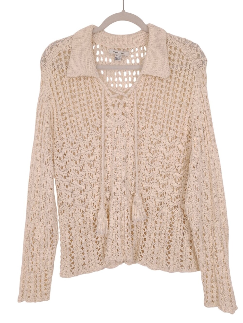 American Eagle crochet open knit sweater boho beach festival layering grandma